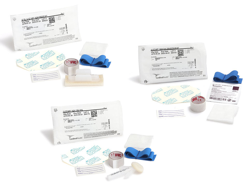 IV Start Kit, Includes: (1) CHG Skin Antiseptic Swab 1ML; (1) 3/4" x 18" Tape; (2) 2" x 2", 4-Ply Gauze; (1) 2 3/8" x 2 3/4" Transparent Dressing; (1) 3/4" Blue, Textured Tourniquet; (1) Change Date Label, 100/cs (Continental US Only)