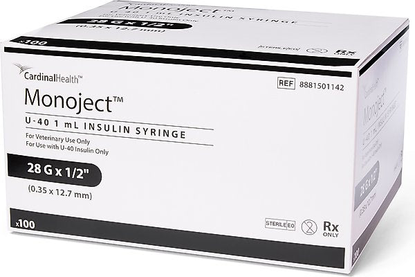 Veterinary Insulin Syringe with Needle, 1mL, 28G x 1/2", Sterile, 100/bx, 3 bx/cs