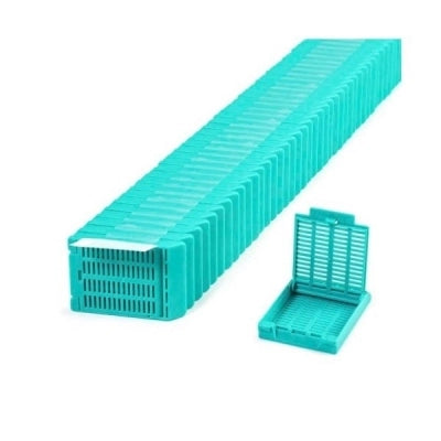 Slimsette Tissue Cassette, Quickload 45 Angle Stack (Taped), Acetal, Aqua, Bulk, 2000/cs