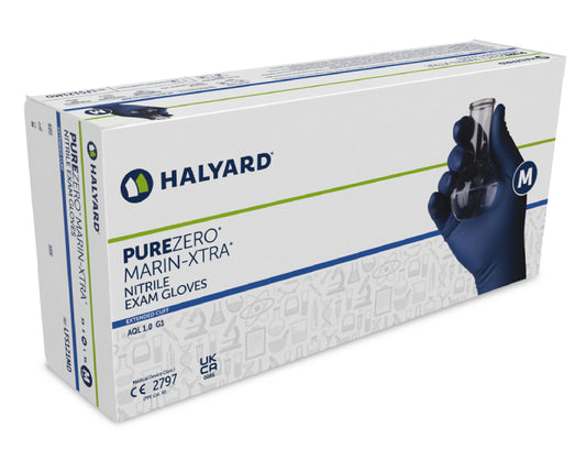 Halyard PUREZERO Marin-Extra Nitrile Glove, Standard, Blue, Medium, 50/bx, 10 bx/cs