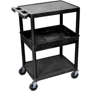 Utility Cart, Flat Top/Bottom, Tub Middle Shelf (2.75" Deep), Black, 24"W x 18"D x 37.5"H, with (4) 4" Heavy Duty Casters (2 with Locking Brakes), Maximum Weight Capacity 300lbs, Assembly Required (DROP SHIP ONLY)