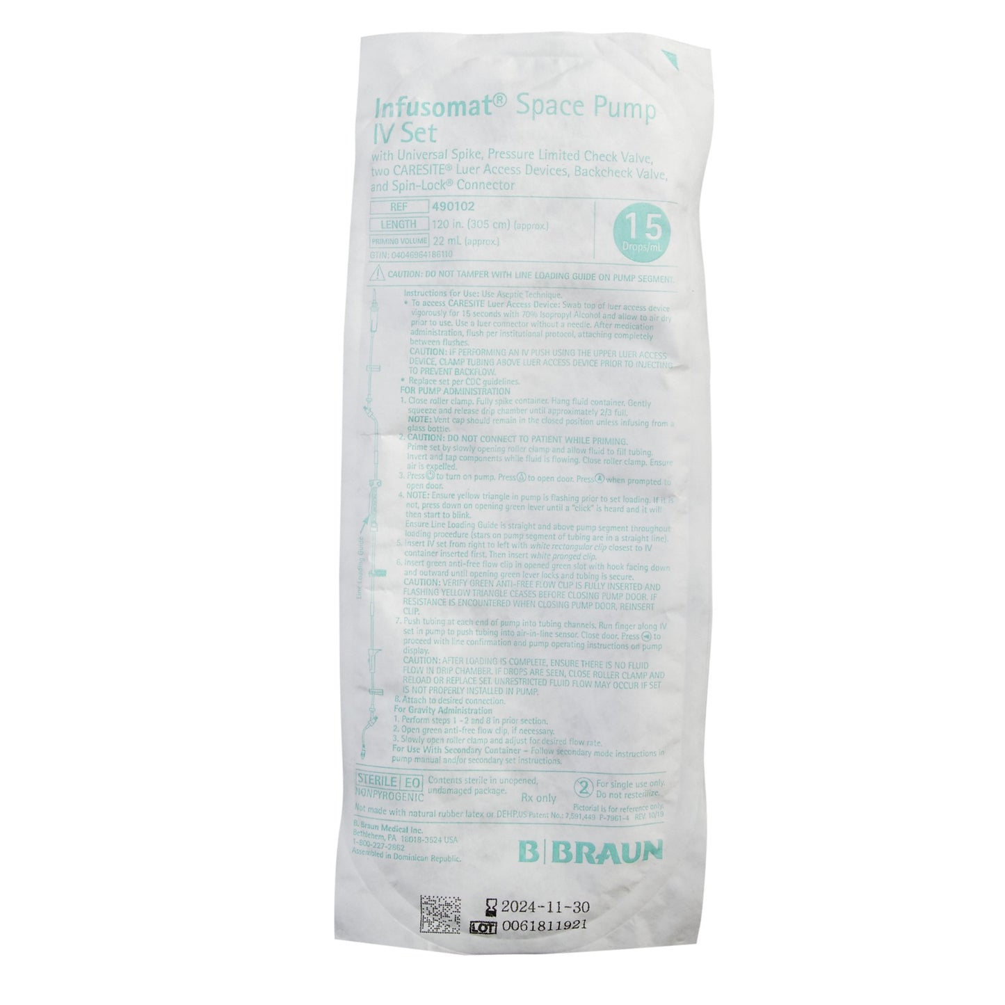 IV Admin Set, Universal Spike, Pressure Limited Check Valve, 2 CARESITE Luer Access Devices, Roller Clamp, Slide Clamp, Backcheck Valve, SPIN-LOCK Connector, 15 Drops/mL, 22mL Priming Volume, 120" L, 24/cs (60 cs/plt) (Rx) (Item is Non-Returnable) (Continental US+HI Only, Excluding IN and ND)