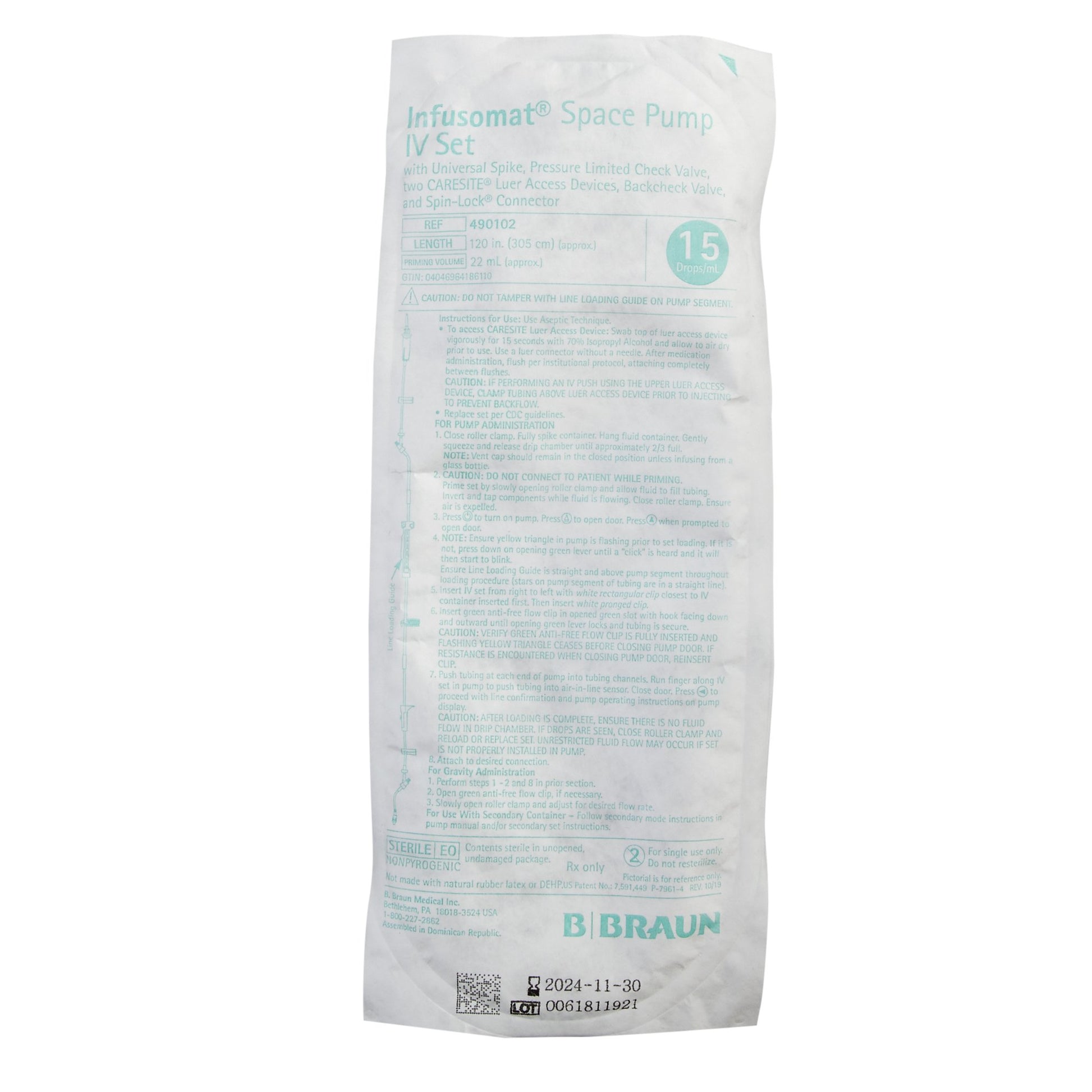 IV Admin Set, Universal Spike, Pressure Limited Check Valve, 2 CARESITE Luer Access Devices, Roller Clamp, Slide Clamp, Backcheck Valve, SPIN-LOCK Connector, 15 Drops/mL, 22mL Priming Volume, 120" L, 24/cs (60 cs/plt) (Rx) (Item is Non-Returnable) (Continental US+HI Only, Excluding IN and ND)