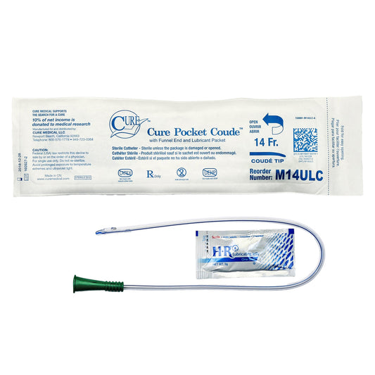 Catheter, Male, Pocket Size Packaging, Single-Use with Lubricant, 16", Coude Tip, 14FR, 30/bx, 10 bx/cs (Continental US Only)