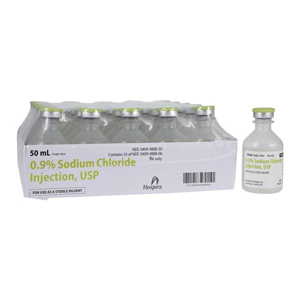 0.9% Sodium Chloride Injection, USP, 50 ml Vial, Single Dose, Plastic Fliptop Vial, 25/bx (Rx) (Item is Non-Returnable) (We must have your Wholesale Drug License on File before shipping this product) (US Only, Excluding IN and ND)