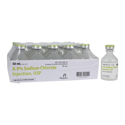 0.9% Sodium Chloride Injection, USP, 50 ml Vial, Single Dose, Plastic Fliptop Vial, 25/bx (Rx) (Item is Non-Returnable) (We must have your Wholesale Drug License on File before shipping this product) (US Only, Excluding IN and ND)
