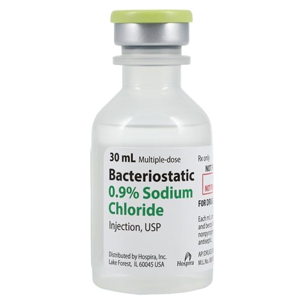 Bacteriostatic 0.9% Sodium Chloride Injection, USP, 30 ml Vial, Multiple Dose, Plastic Fliptop Vial, 25/bx (Rx) (Item is Non-Returnable) (We must have your Wholesale Drug License on File before shipping this product) (US Only, Excluding IN and ND)