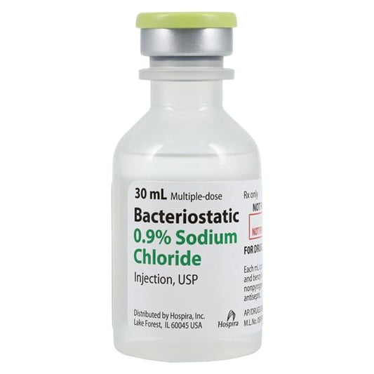 Bacteriostatic 0.9% Sodium Chloride Injection, USP, 30 ml Vial, Multiple Dose, Plastic Fliptop Vial, 25/bx (Rx) (Item is Non-Returnable) (We must have your Wholesale Drug License on File before shipping this product) (US Only, Excluding IN and ND)