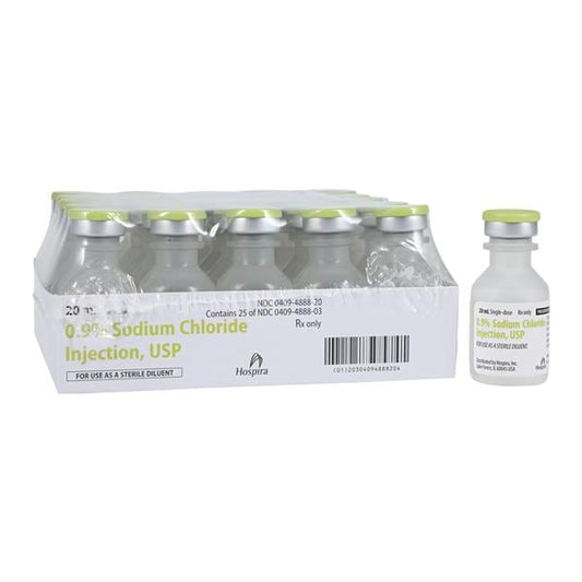 0.9% Sodium Chloride Injection, USP, 20 ml Vial, Single Dose, Plastic Fliptop Vial, 25/bx (Rx) (Item is Non-Returnable) (We must have your Wholesale Drug License on File before shipping this product) (US Only, Excluding IN and ND)