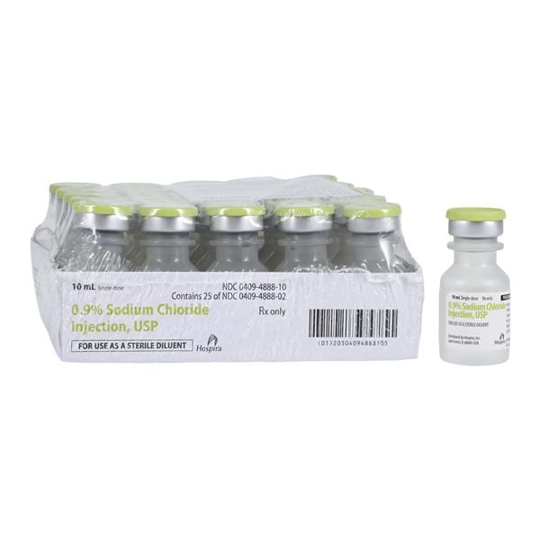 0.9% Sodium Chloride Injection, USP, 10 ml Vial, Single Dose, Plastic Fliptop Vial, 25/bx (Rx) (Item is Non-Returnable) (We must have your Wholesale Drug License on File before shipping this product) (US Only, Excluding IN and ND)
