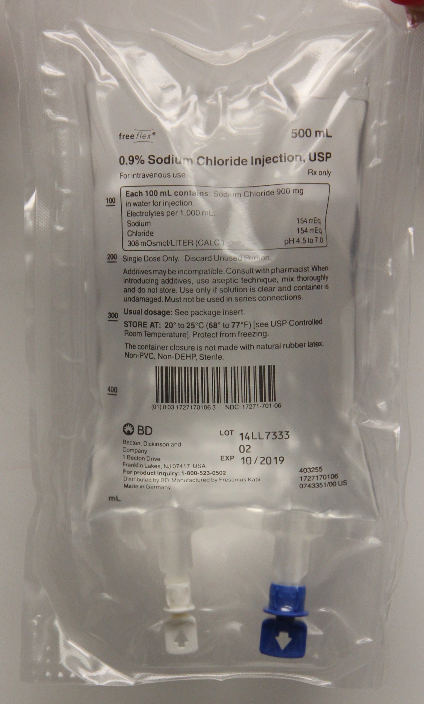 IV Fluid, 0.9% Sodium Chloride Injection, USP 500 ml, 20/cs (Rx) (Temp Sensitive; Non-Returnable) (Continental US Only, Excluding IN and ND) (Drop Ship Requires Pre-Approval) (Item on Allocation-Inventory Limited when Available)