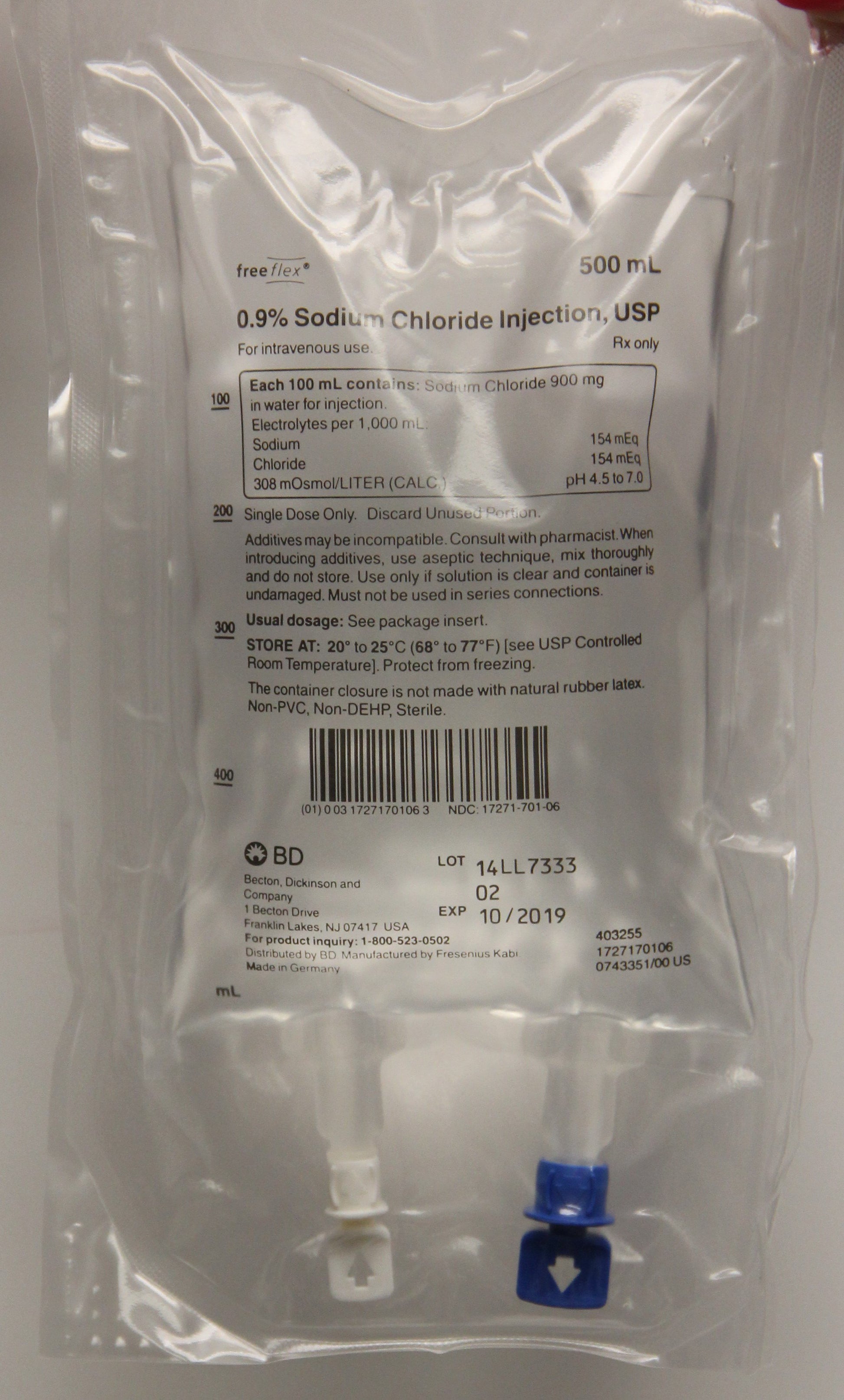 IV Fluid, 0.9% Sodium Chloride Injection, USP 500 ml, 20/cs (Rx) (Temp Sensitive; Non-Returnable) (Continental US Only, Excluding IN and ND) (Drop Ship Requires Pre-Approval) (Item on Allocation-Inventory Limited when Available)