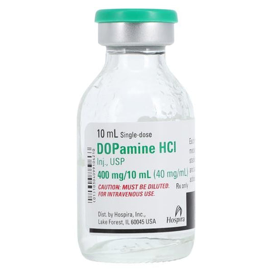 Dopamine Hydrochloride Injection, USP, 40 mg/ml, 10 ml Vial, Single Dose, Glass Fliptop Vial, 25/bx (Rx) (Item is Non-Returnable) (We must have your Wholesale Drug License on File before shipping this product) (US Only, Excluding IN and ND)