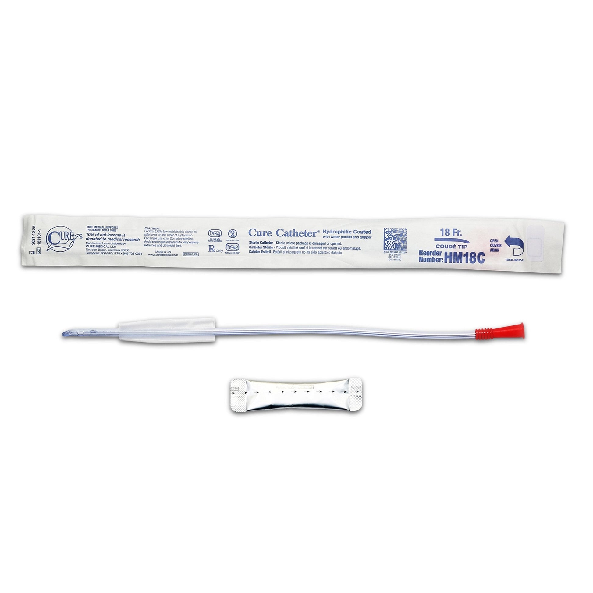 Catheter, Male, Hydrophilic Coated, Single-Use, 16", Coude Tip, 18FR, 30/bx, 10 bx/cs (Continental US Only)