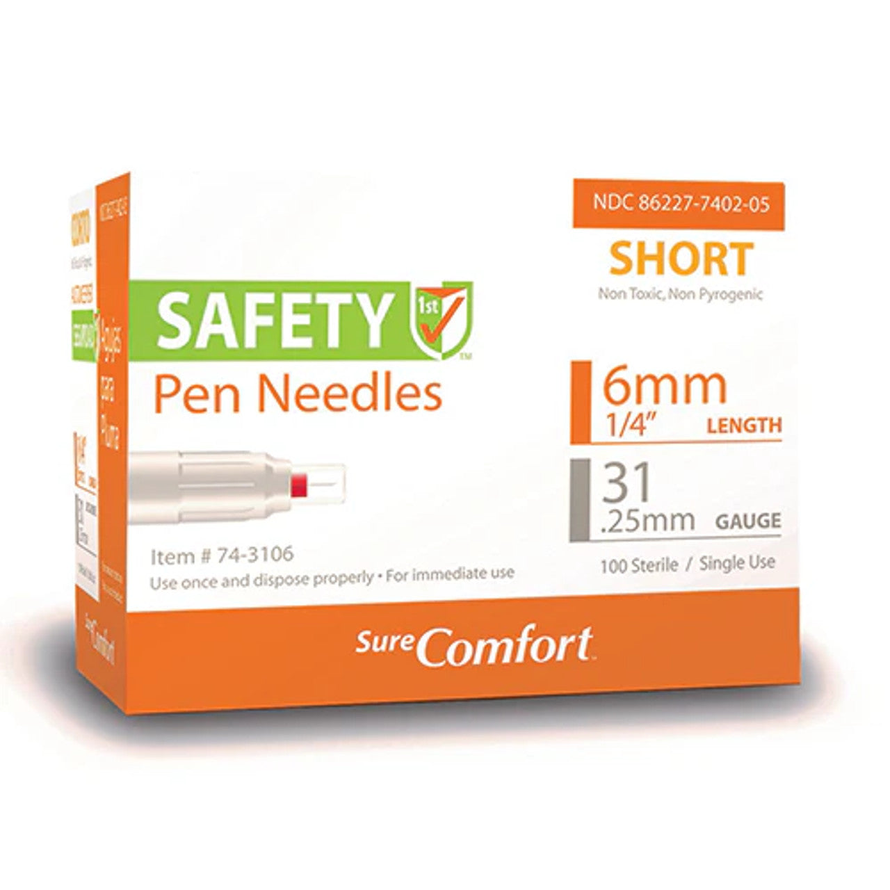 Safety Pen Needles, Passive Safety Technology, 31Gx6mm, Short , 100/bx, 10bx/cs, 4cs/ct
