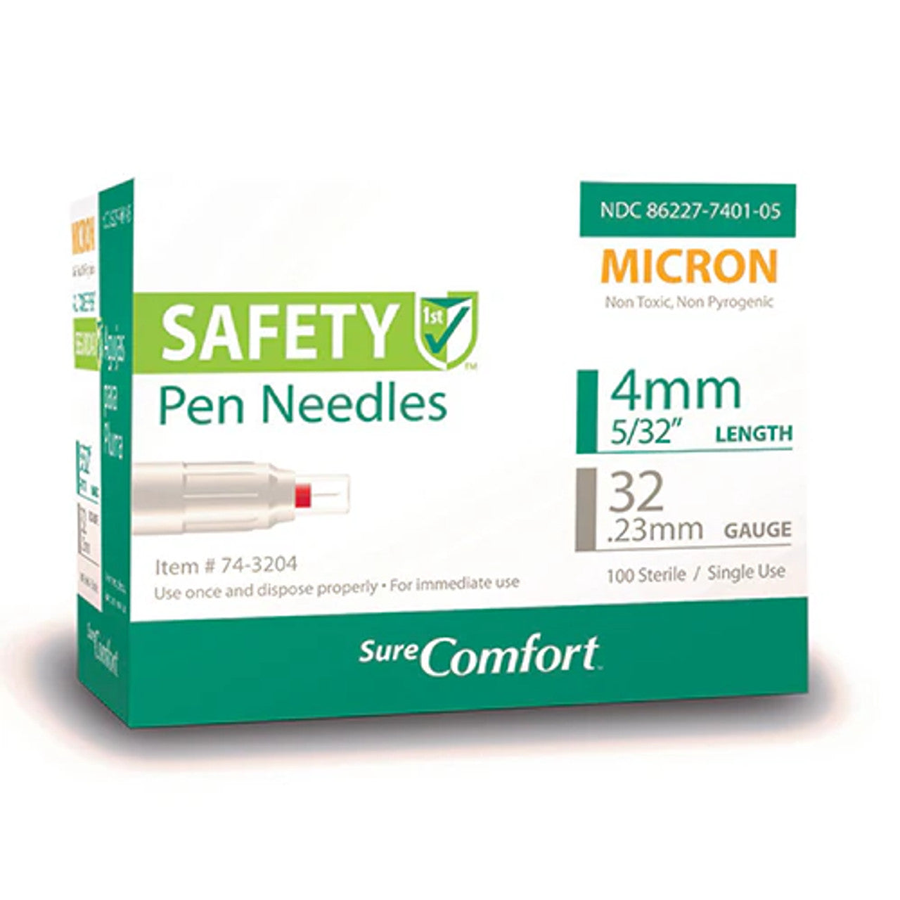Safety Pen Needles, Passive Safety Technology, 32Gx4mm, Micro , 100/bx, 10bx/cs, 4cs/ct