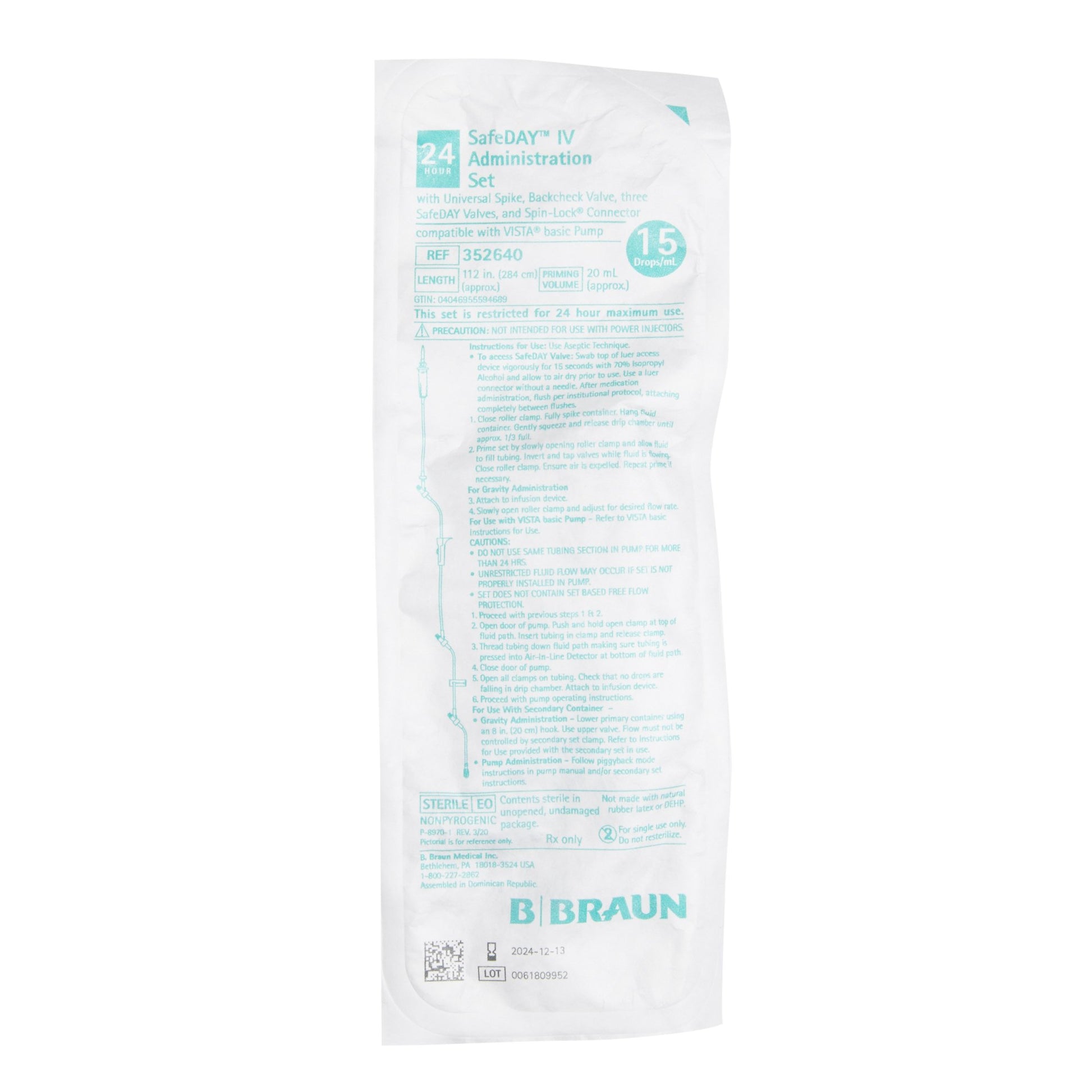 IV Admin Set, (15 drops/mL) Universal Spike, Roller & Slide Clamp, Backcheck Valve, Needle-Free Access Ports 85", 41" & 6 in. Above Distal End, SPIN-LOCK Connector,  DEHP & Latex Free (LF), Priming Volume: 20mL, 112"L, (284.5 cm), 50/cs (Rx) (Item is Non-Returnable) (Continental US+HI Only, Excluding IN and ND)