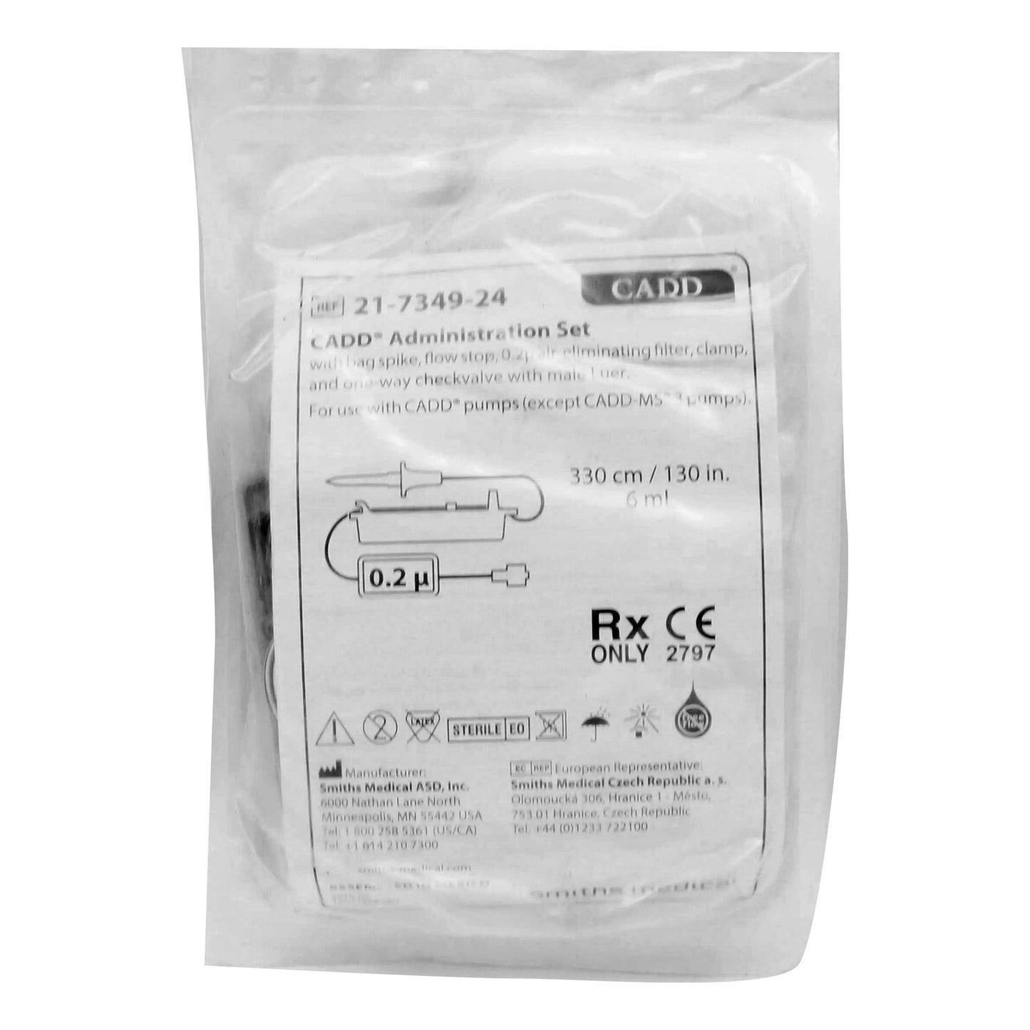 CADD Yellow Striped Administration Set, Includes: Bag Spike, Flow Stop, 0.2 Micron Air-Eliminating Filter, Clamp, One-Way Checkvalve with Male Luer, 130" Length, 6.2 ml PV, Not Made with DEHP, 12/bx (US Only)