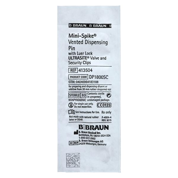 Mini-Spike Dispensing Pin, ULTRASITE Valve & Security Clip For Attachment to Standard 20mm Rubber-Stopper Vials, Two-Way Valve For Aspiration & Injection, DEHP-Free, Latex Free (LF), 50/cs (Rx) (Item is Non-Returnable) (Continental US+HI Only, Excluding IN and ND)