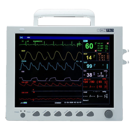 iM60 Patient monitor with 10'' touch screen and WiFi. 3/5-lead ECG, RESP, NIBP, 2-TEMP, PR, HR, EDAN SpO2 and internal OEM Edan Sidestream G2 CO2 module. Printer installed (DROP SHIP ONLY)