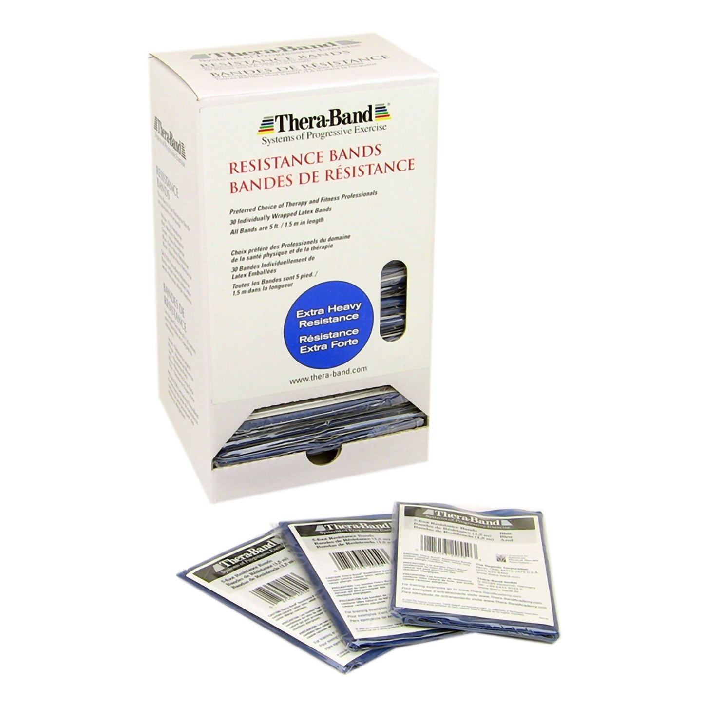 Resistance Band Dispenser Package, Blue/ X-Heavy, 30 Pk Dispenser Box of 5 ft Bands with Individually Packaged Bands with Safety Instructions, 4 ea/cs (045163) (Legacy# 20550) (US Only)