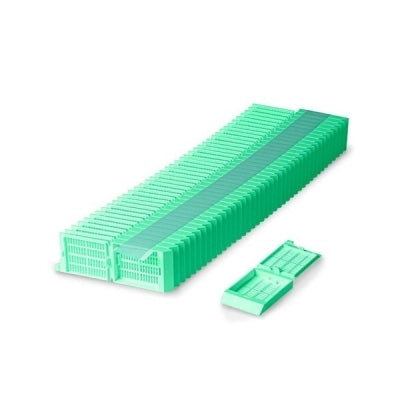 Unisette Tissue Cassette, Quickload 45 Angle Stack (Taped), Acetal, Green, Bulk, 1000/cs
