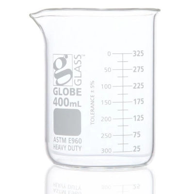Beaker, Globe Glass, 400mL, Low Form Griffin Style, Heavy Duty, Dual Graduations, ASTM E960, 12/bx