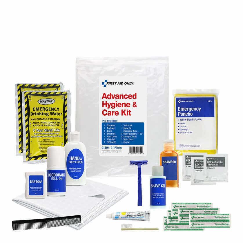 Advanced Hygiene & Care Kit, Plastic Bag, 6"x9", Includes: (1) Shampoo, (1) Bar Soap, (1) Comb, (1) Deodorant, (1) Hand Lotion, (1) Washcloth, (1) Toothpaste, (1) Toothbrush, (1) Shave Gel, (1) Disposable Razor, (5) Fabric Bandages - 1"x3", (3) BZK Antiseptic Wipes, (2) Water Packs, and (1) Poncho (DROP SHIP ONLY - $150 Minimum Order)