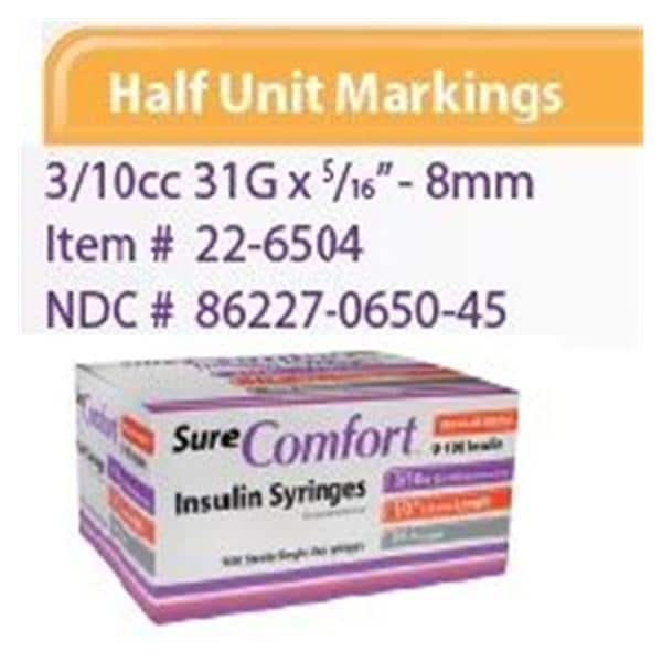 Insulin Syringe, 31Gx5/16", 3/10cc,  1/2 Unit , 100/bx, 5bx/cs, 6cs/ct