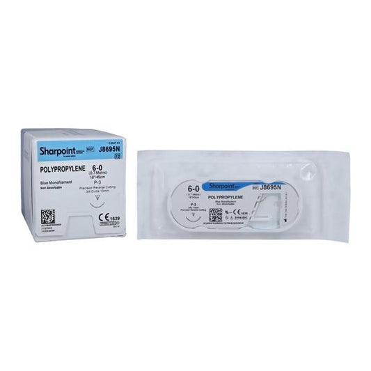 Polypropylene Suture, Monofilament, Reverse Cutting, Size 6-0, 18"/45cm, 13mm, 3/8 Circle, 12/bx