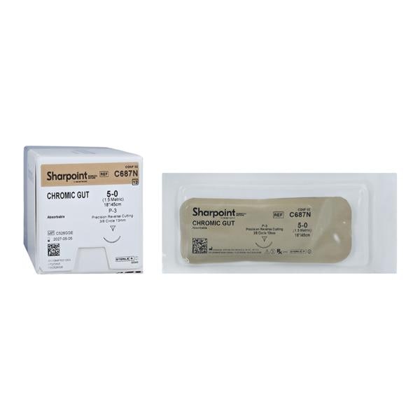 Chromic Gut Suture, Reverse Cutting, Size 5-0, 18"/45cm, 13mm, 3/8 Circle, 12/bx