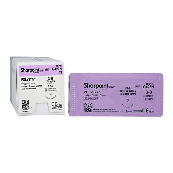 Polyglycolic Acid Suture, Braided, Reverse Cutting, Size 3-0, 27"/70cm, 19mm, 3/8 Circle, 12/bx