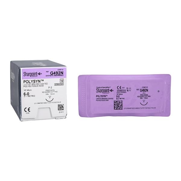 Polyglycolic Acid Suture, Braided, Reverse Cutting, Size 6-0, 18"/45cm, 13mm, 3/8 Circle, 12/bx