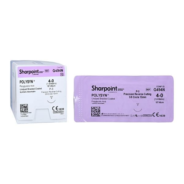 Polyglycolic Acid Suture, Braided, Reverse Cutting, Size 4-0, 18"/45cm, 13mm, 3/8 Circle, 12/bx