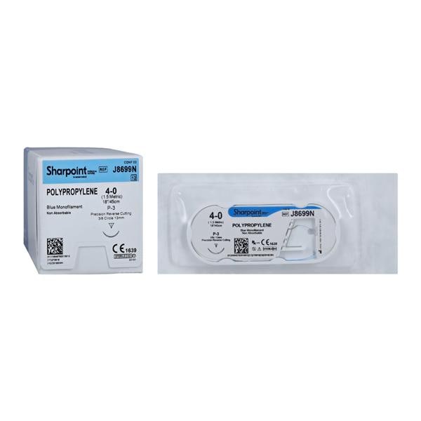 Polypropylene Suture, Monofilament, Reverse Cutting, Size 4-0, 18"/45cm, 19mm, 3/8 Circle, 12/bx