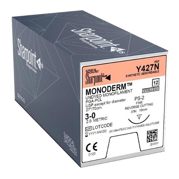 Monoderm Suture, Monofilament, Reverse Cutting, Size 3-0, 27"/70cm, 19mm, 3/8 Circle, 12/bx