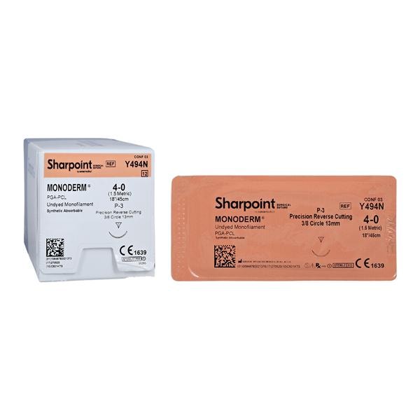 Monoderm Suture, Monofilament, Reverse Cutting, Size 4-0, 18"/45cm, 13mm, 3/8 Circle, 12/bx