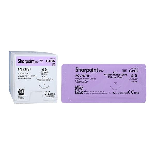 Polyglycolic Acid Suture, Braided, Reverse Cutting, Size 4-0, 18"/45cm, 19mm, 3/8 Circle, 12/bx