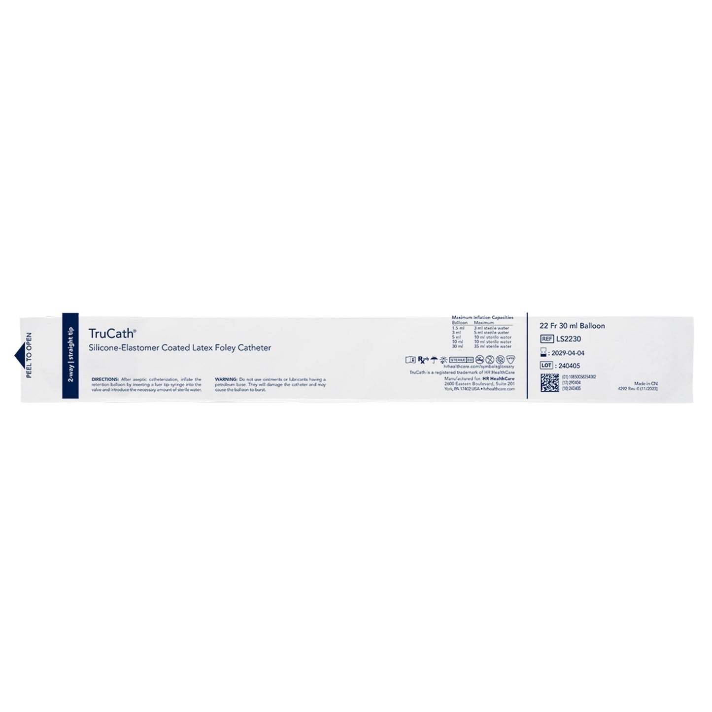 Catheter, TruCath, Silicone-Elastomer Coated Latex, Foley, 2-Way, 30ml Balloon, 22fr, 12ea/cs