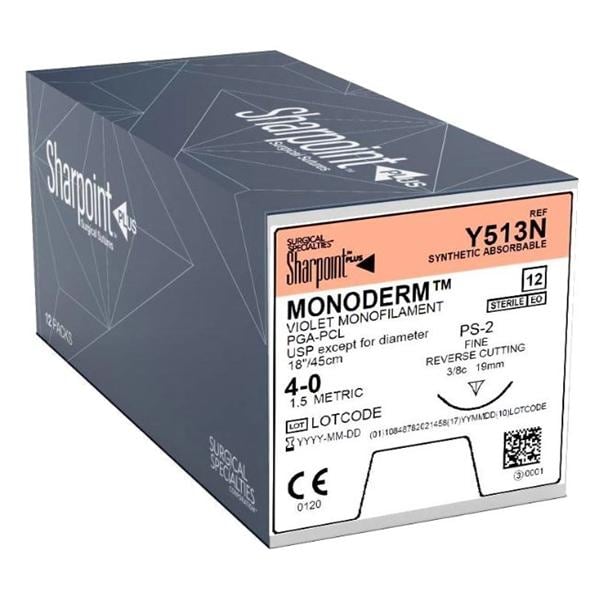 Monoderm Suture, Monofilament, Reverse Cutting, Size 4-0, 18"/45cm, 19mm, 3/8 Circle, 12/bx