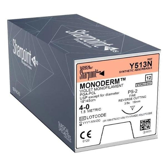 Monoderm Suture, Monofilament, Reverse Cutting, Size 4-0, 18"/45cm, 19mm, 3/8 Circle, 12/bx