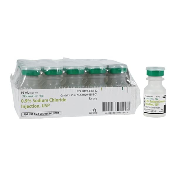 0.9% Sodium Chloride Injection, USP, 10 ml Vial, Single Dose, LifeShield Plastic Fliptop Vial, 25/bx (Rx) (Item is Non-Returnable) (We must have your Wholesale Drug License on File before shipping this product) (US Only, Excluding IN and ND)