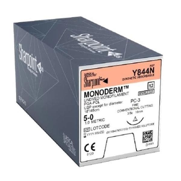 Monoderm Suture, Monofilament, Conventional, Size 5-0, 18"/45cm, 16mm, 3/8 Circle, 12/bx