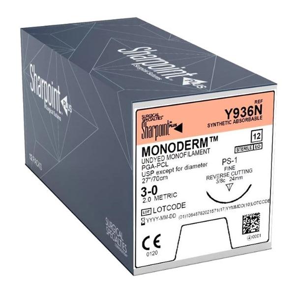 Monoderm Suture, Monofilament, Reverse Cutting, Size 3-0, 18"/45cm, 24mm, 3/8 Circle, 12/bx