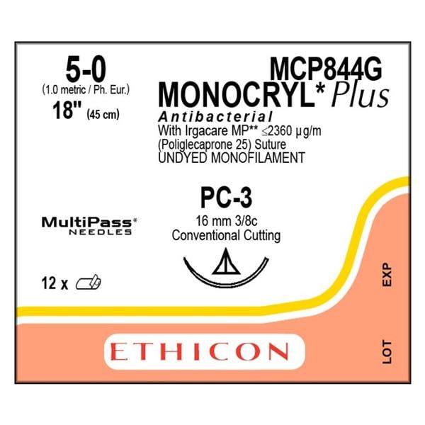 Suture, Precision Cosmetic Conventional Cutting Prime, Size 5-0, 18", Undyed Monofilament, Needle PC-3, 3/8 Circle, 1 dz/bx (Continental US Only)