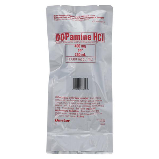 Dopamine Hydrochloride, 5% Dextrose Injection, USP, 1600 mcg/ ml, 250 ml, Viaflex Plastic Container, Liquid Premix, 18/cs (Rx) (Item is Non-Returnable) (Continental US Only, Excluding IN and ND) (Product Access Restricted. Check with your sales rep to verify eligibility)
