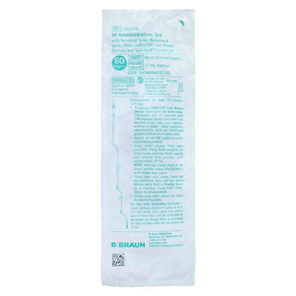 Gravity IV Admin Set, Universal Spike, 60 drops/ml, Backcheck Valve, CARESITE Valve Injection Sites 61", 26", and 6" above Distal End, Roller Clamp, Slide Clamp, SPIN-LOCK Connector, DEHP-Free, LF, 17ml Priming Volume, 88"L, 50/cs (Rx) (Item is Non-Returnable) (Continental US+HI Only, Excluding IN and ND)