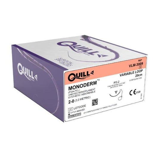 Monoderm Suture, Variable Loop, Reverse Cutting, Size 2/0, 20cm, 19mm, 3/8 Circle, Undyed, 12/bx