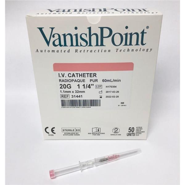 Safety IV Catheter, 20G x 1 1/4", Radiopaque PUR, 50/bx, 4 bx/cs