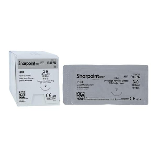 PDO Suture, Violet Monofilament, Reverse Cutting, Size 3-0, 18", 19mm, PS-2, 3/8 Circle, 12/bx